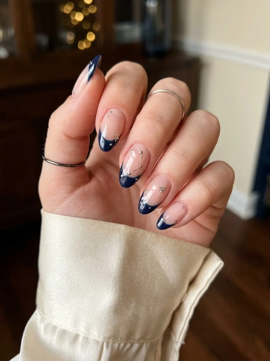 Navy Celestial French Holiday Nails