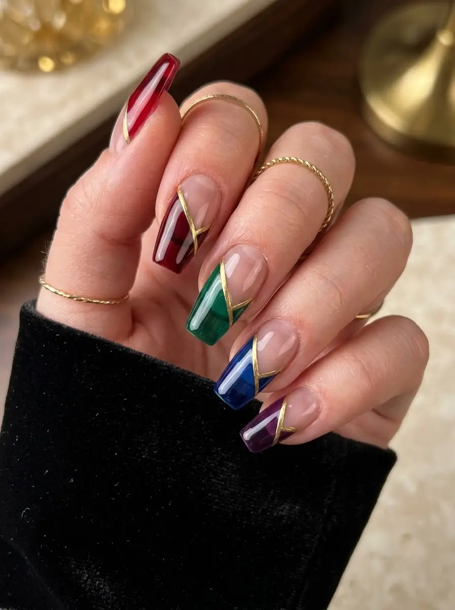 Jewel-Tone Color-Block Holiday Nails