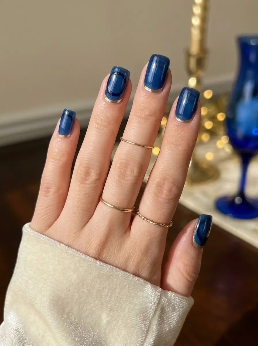 Glossy Navy Framed Holiday Nails