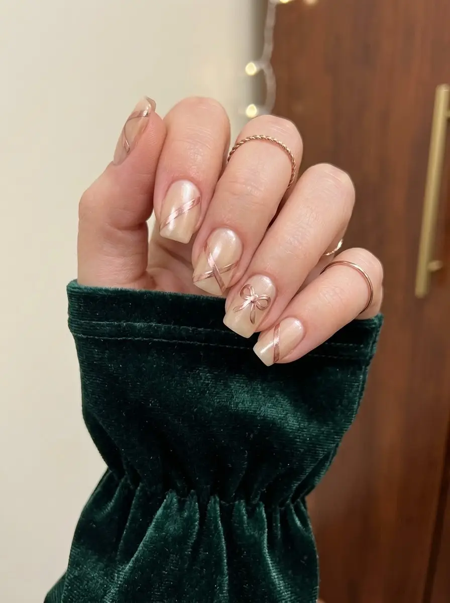 Pearl Nude Ribbon Bow Party Nails