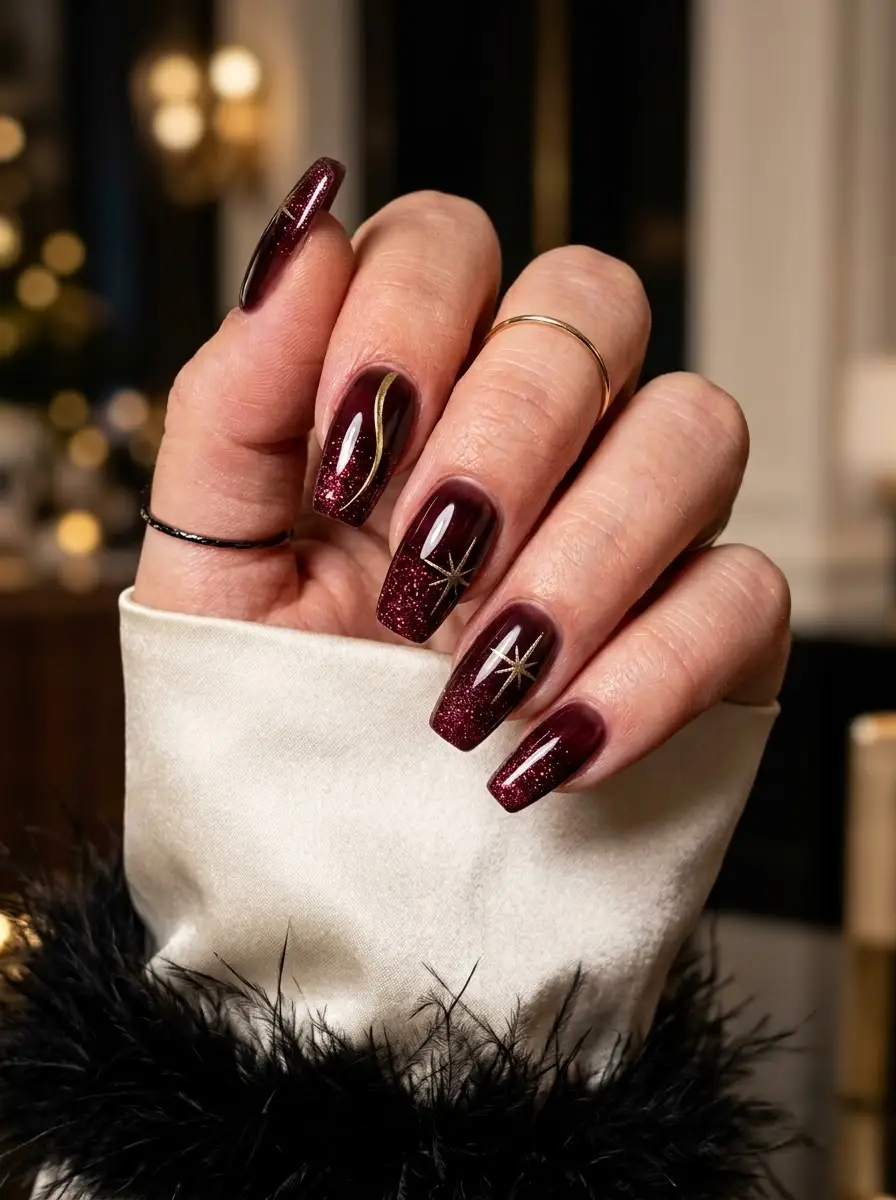 Burgundy Glitter Starburst Nails