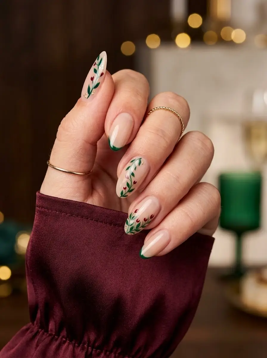 Botanical Green French Holiday Nails