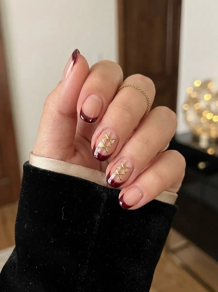 Burgundy French Nails with Gold Cross Details