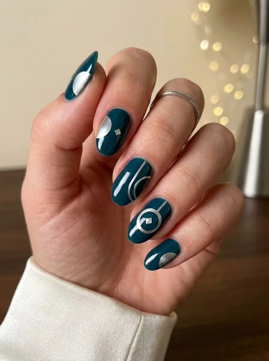 Teal and Silver Geometric Party Nails