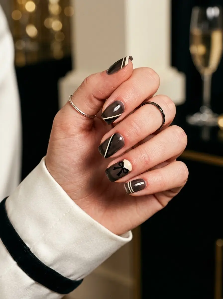 Smoky Taupe Minimal Bow Holiday Nails