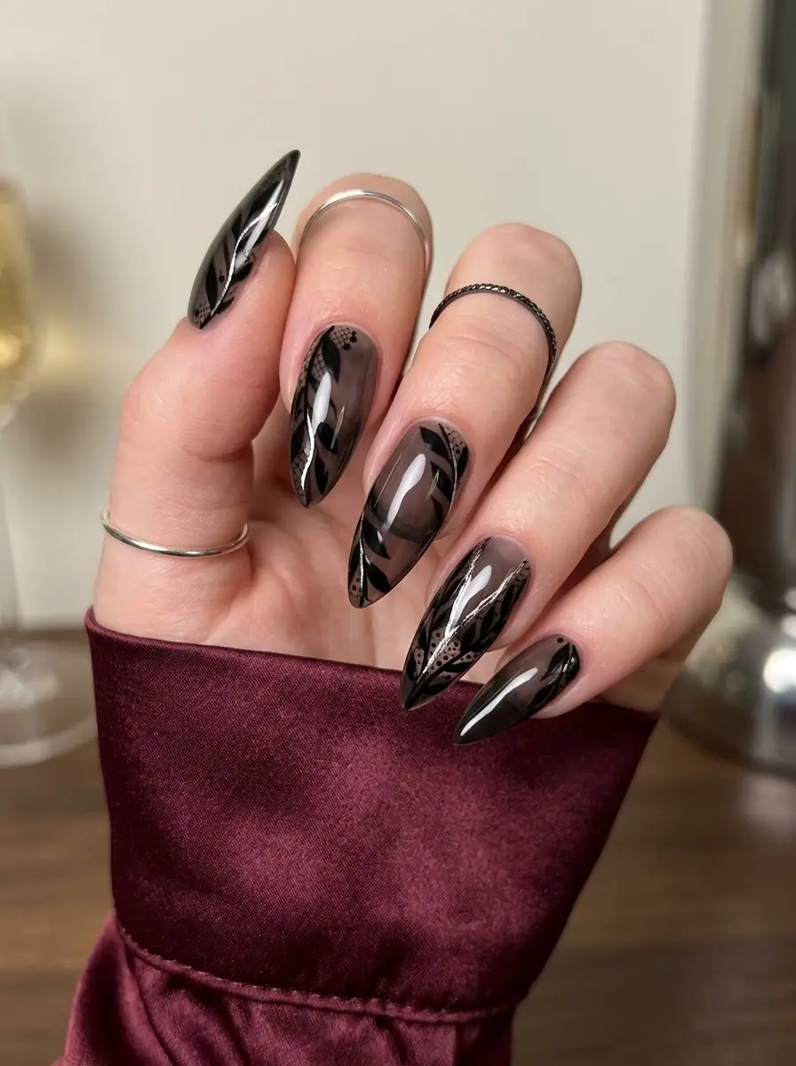 Smoky Black Sheer Holiday Party Nails