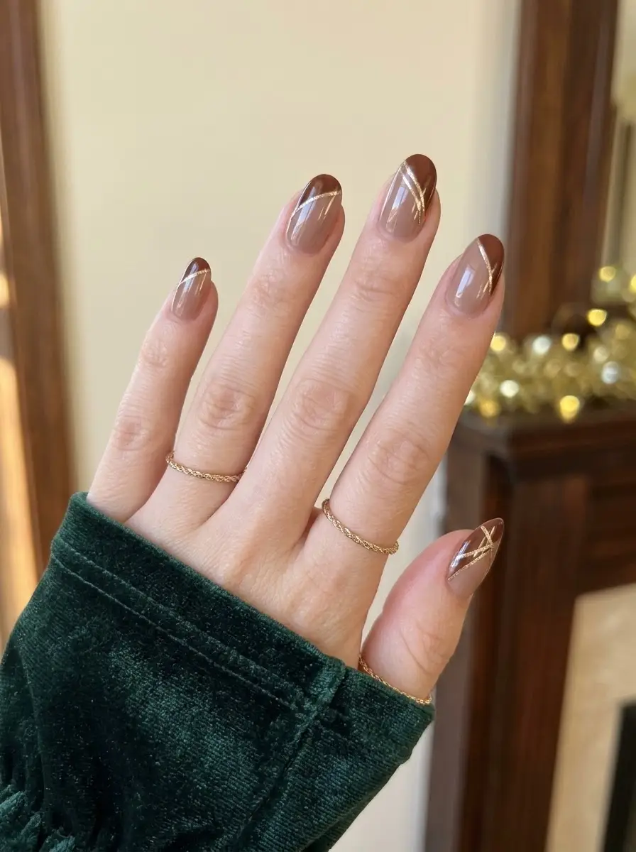 Mocha French Tips with Gold Accents