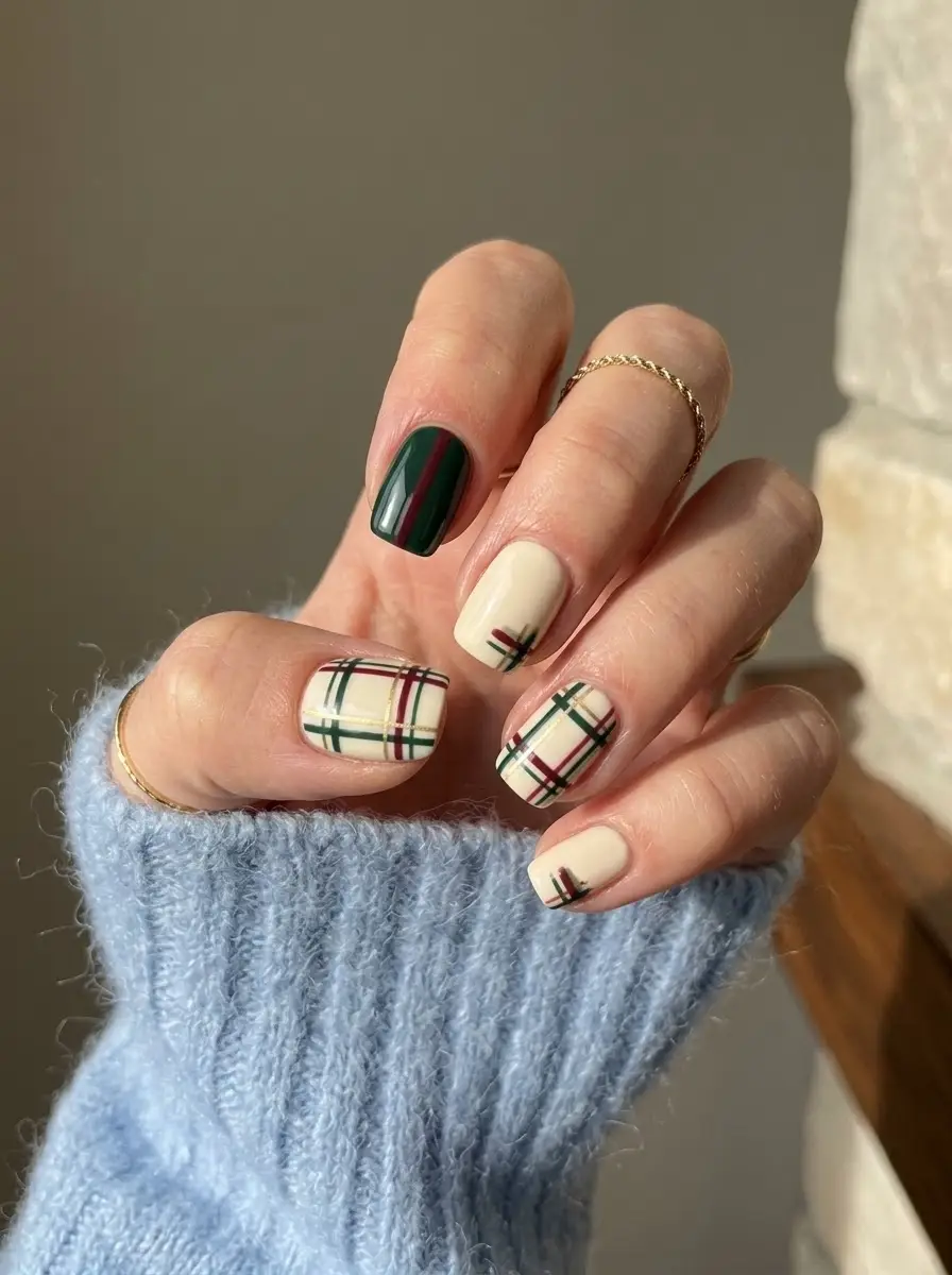 Cream and Green Holiday Plaid Nails