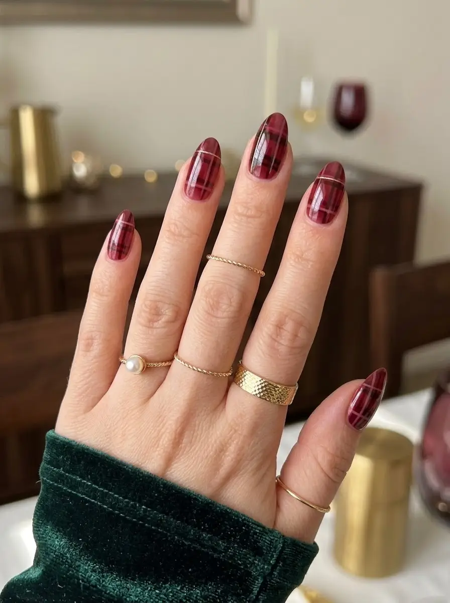 Deep Red Plaid Holiday Party Nails