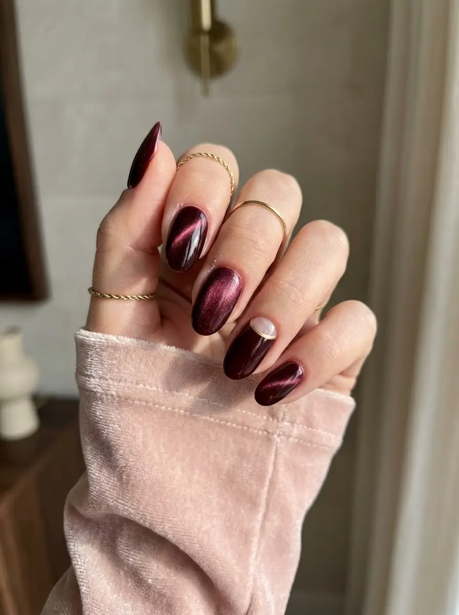 Burgundy Cat-Eye Half-Moon Nails