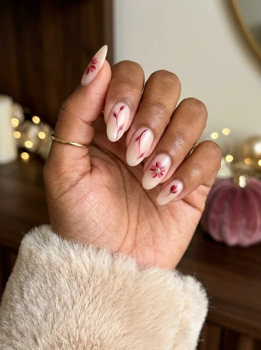 Burgundy Floral Holiday Party Nails