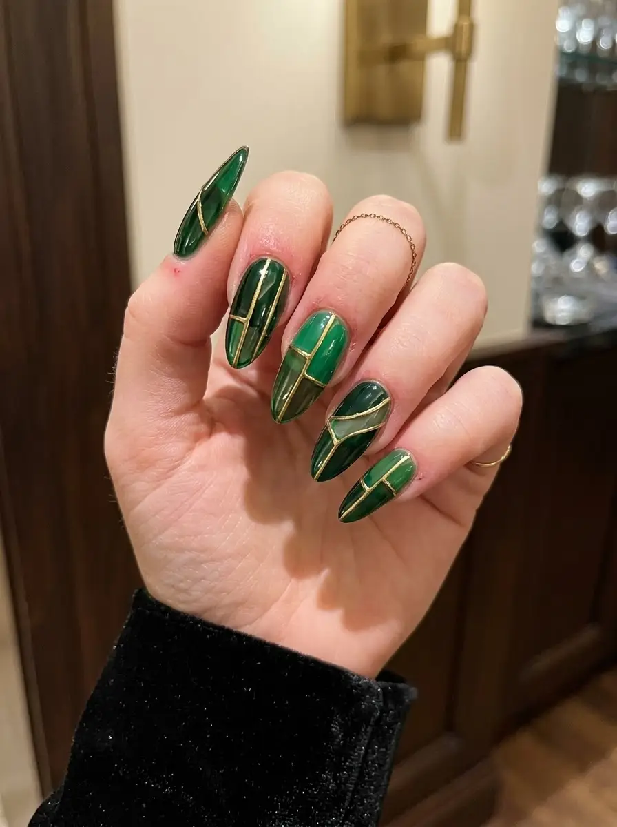 Emerald Stained-Glass Holiday Nails