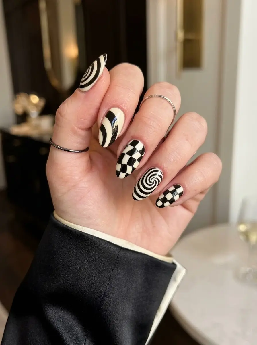 Black and Cream Graphic Party Nails