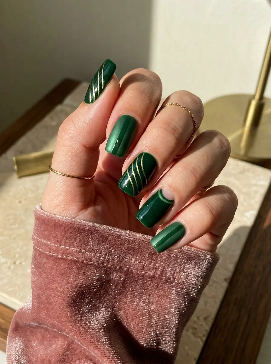 Emerald Green and Gold Ribbon Nails