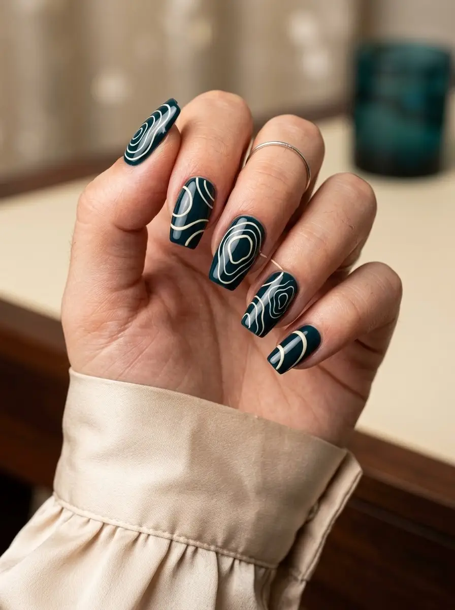 Deep Teal Abstract Swirl Nails