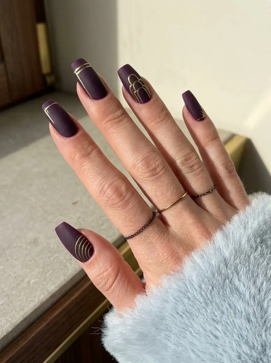Matte Plum and Gold Art Deco Nails