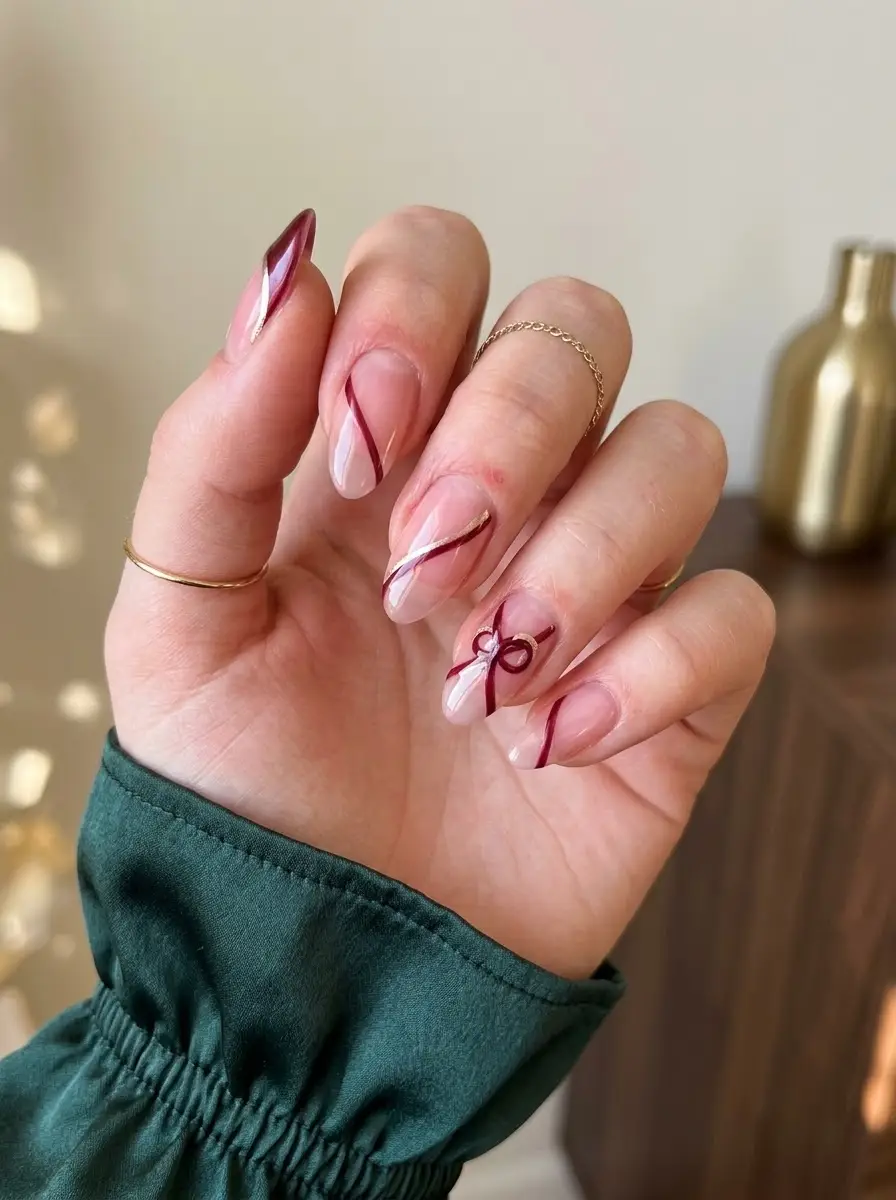 Burgundy Ribbon Bow Holiday Nails