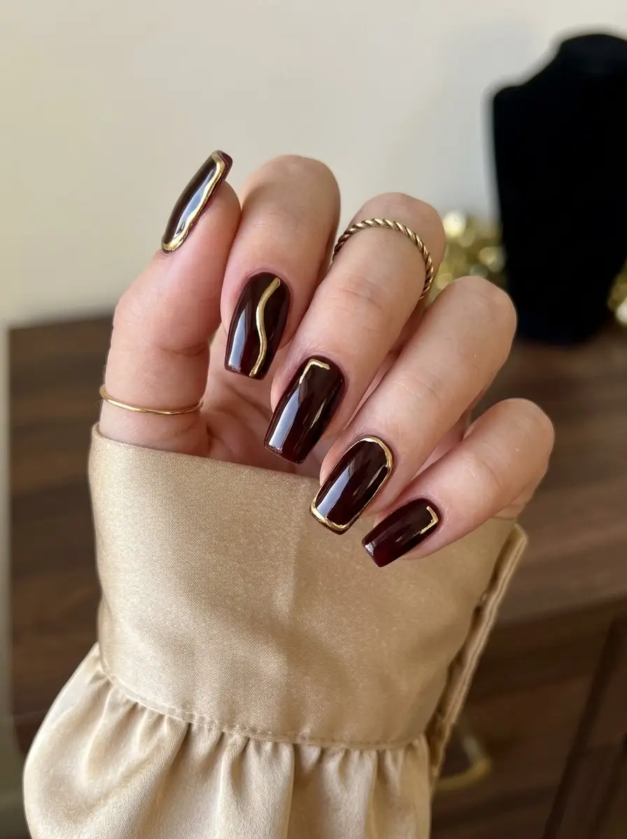 Burgundy and Gold Framed Party Nails