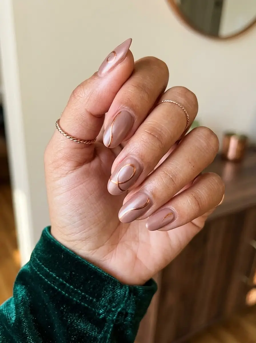 Taupe and Rose-Gold Swirl Nails