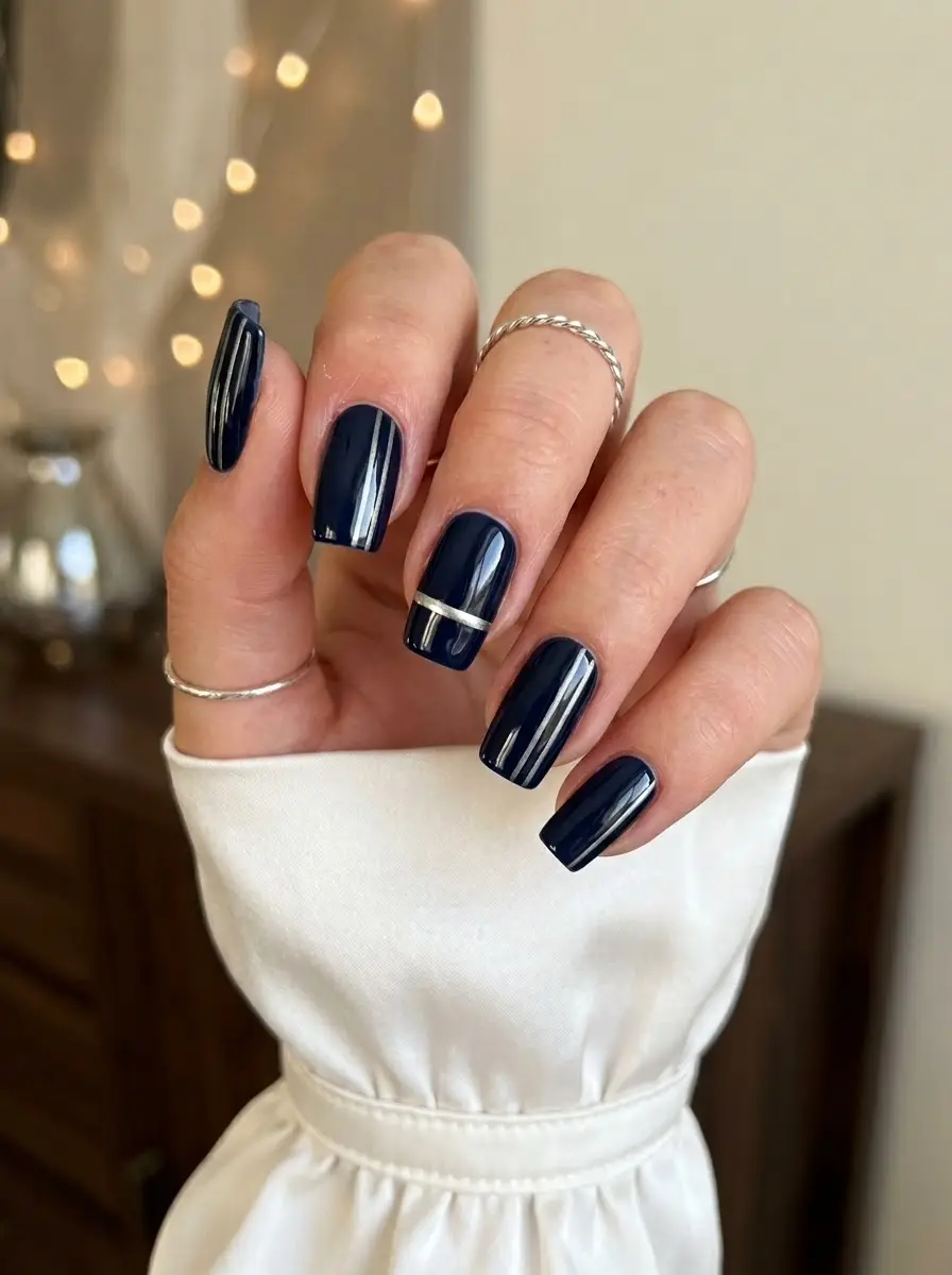 Midnight Navy Silver-Stripe Nails