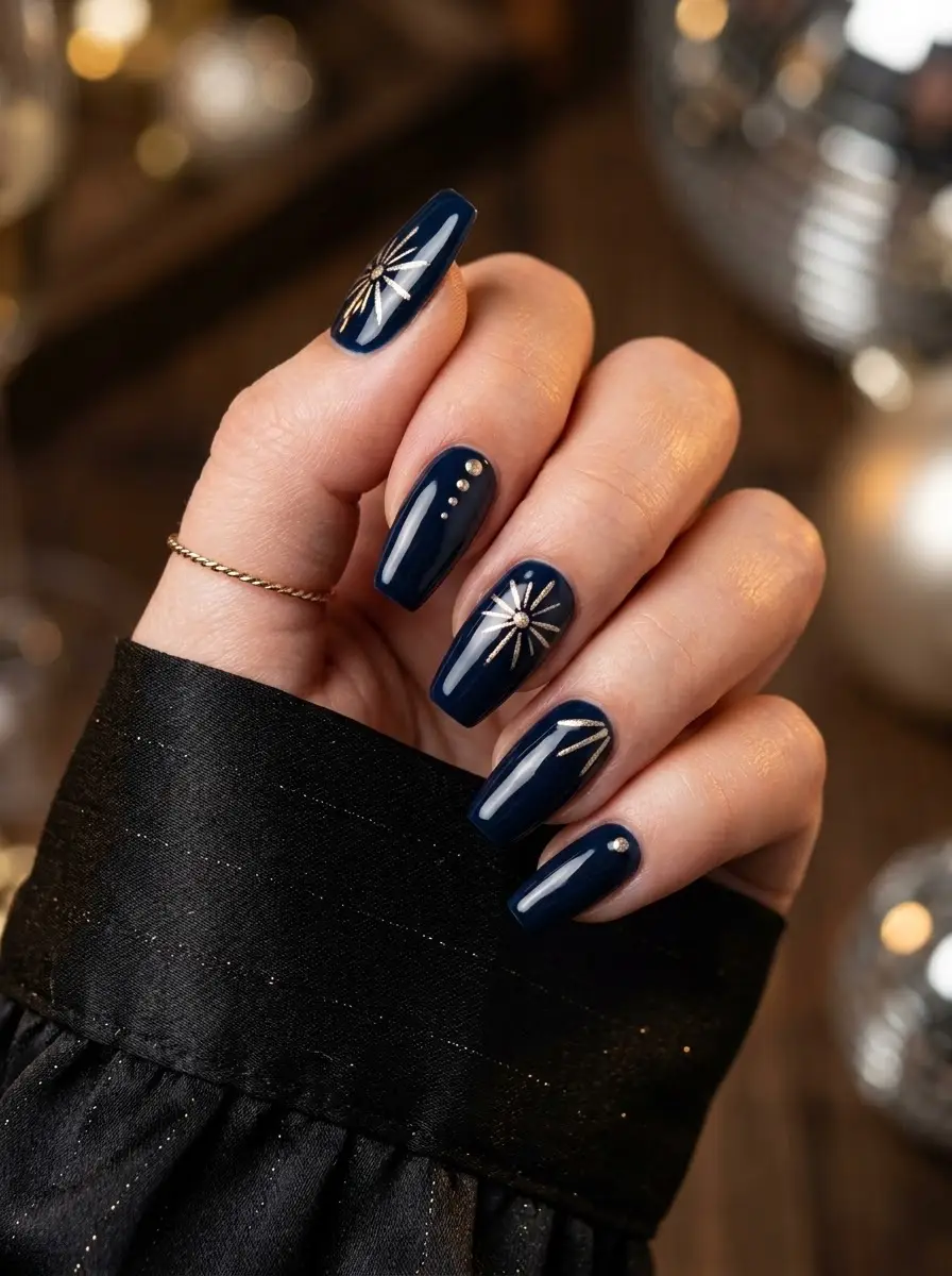 Midnight Blue Starburst Holiday Nails