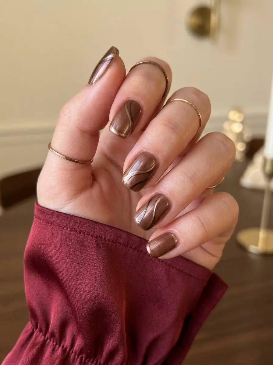 Chocolate Chrome Swirl Holiday Nails
