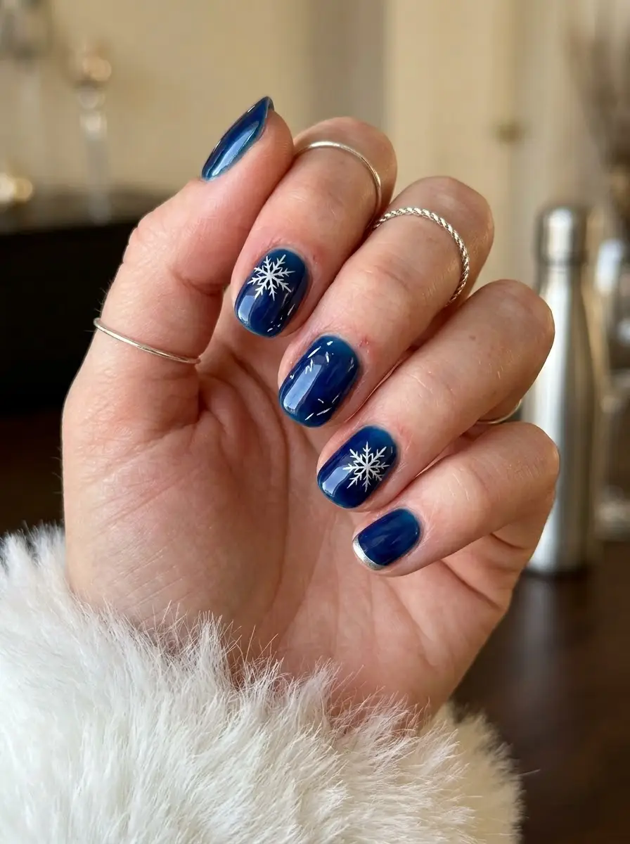 Midnight Blue Snowflake Holiday Nails
