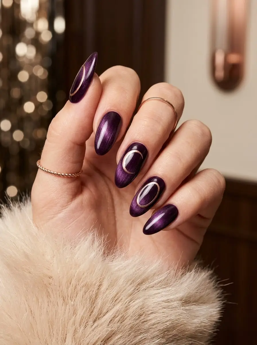 Purple Cat-Eye Moon Holiday Nails