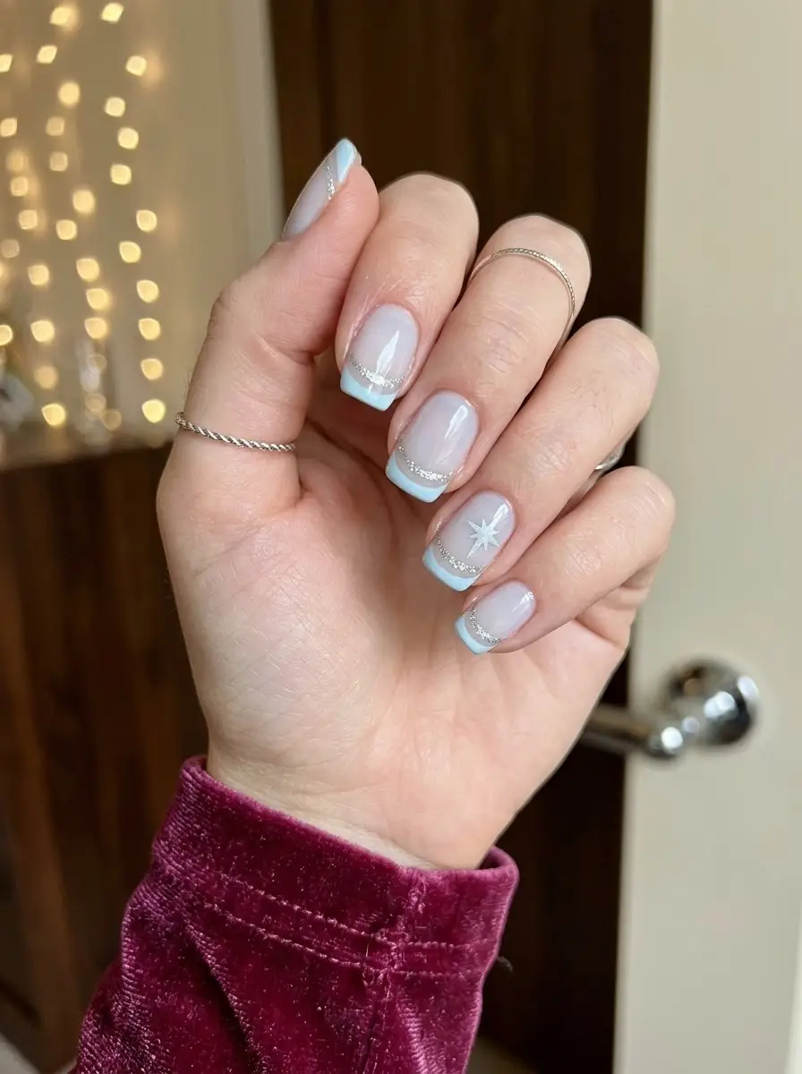 Icy Blue Glitter French Holiday Nails
