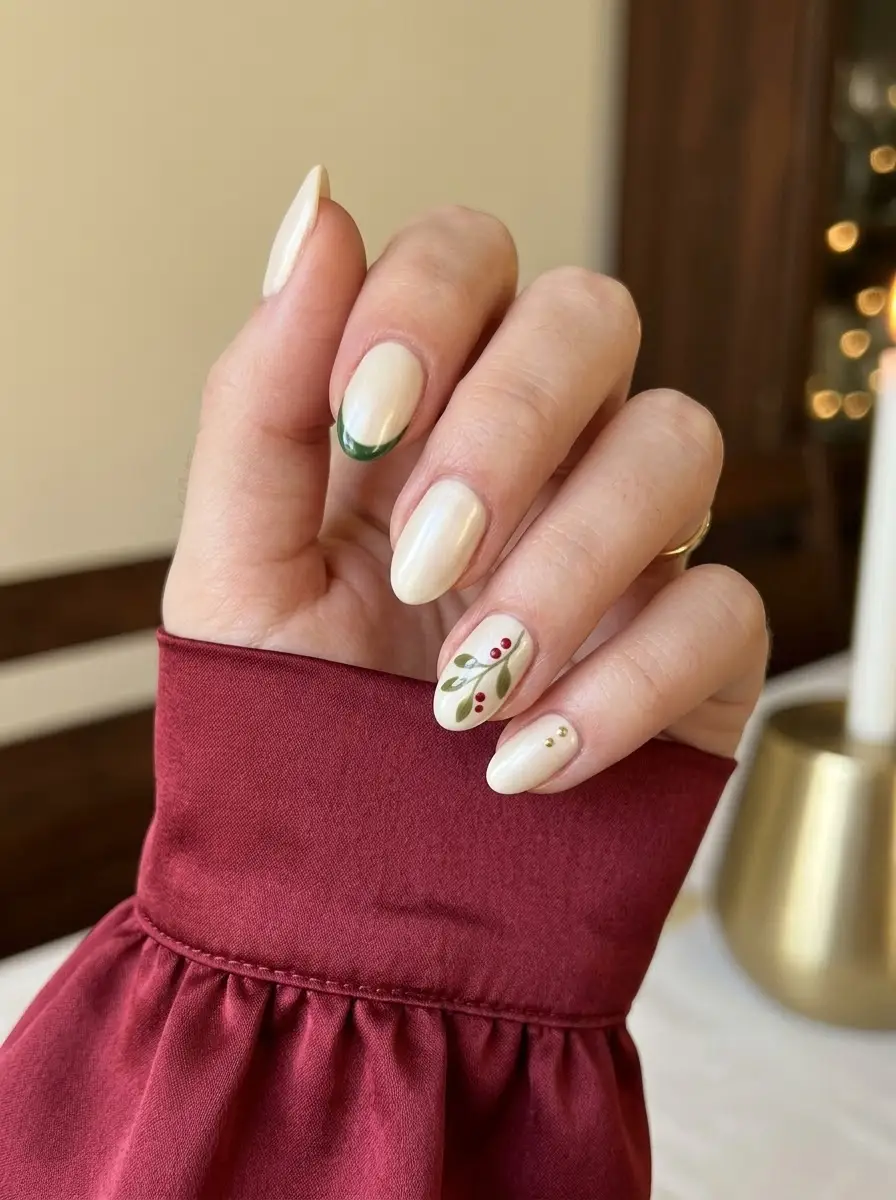 Cream Botanical Berry Holiday Nails