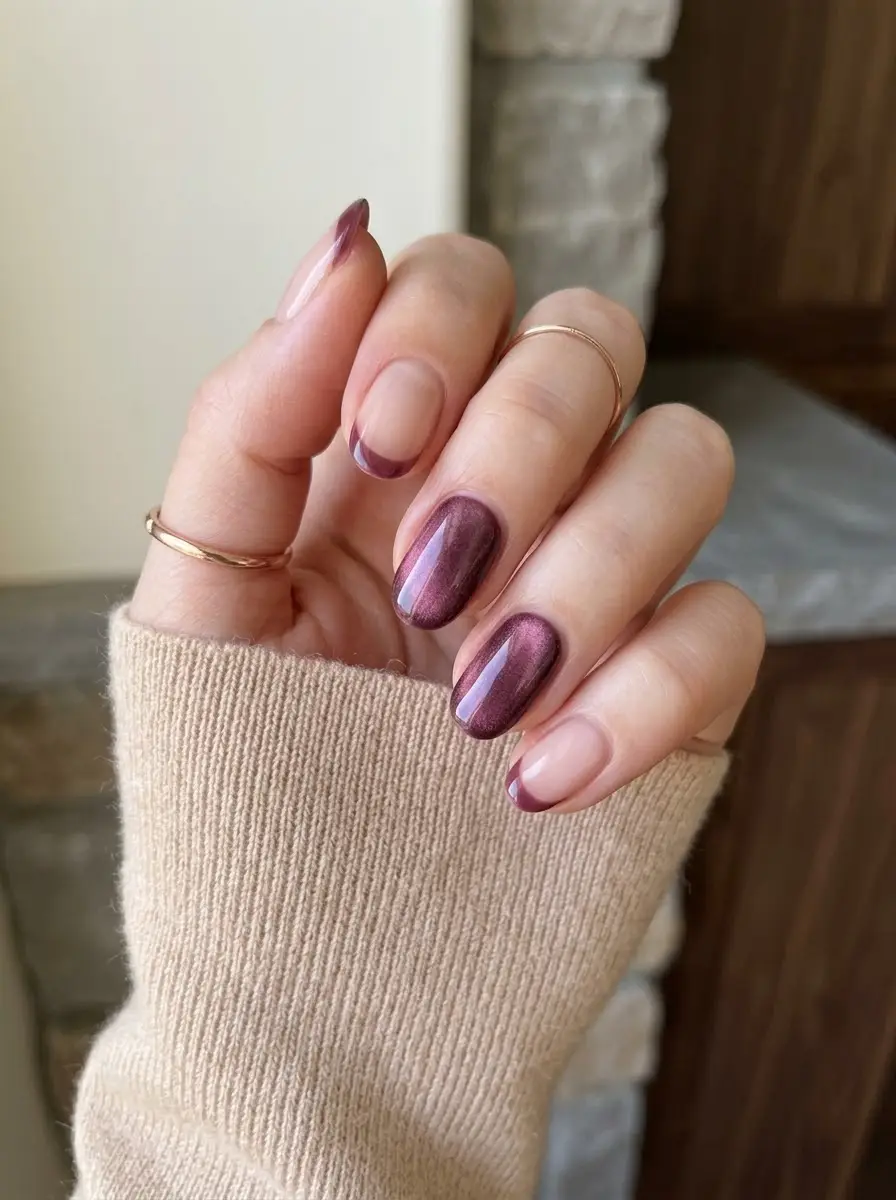 Plum Cat-Eye and Micro French Interview Nails