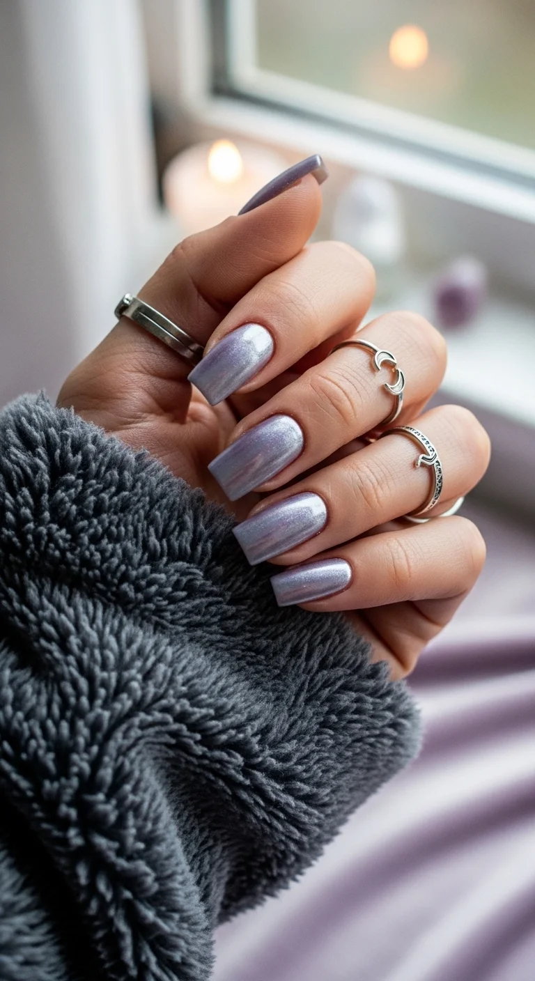 Squoval nails in a holographic lilac that shifts through purple, silver, and pink tones.