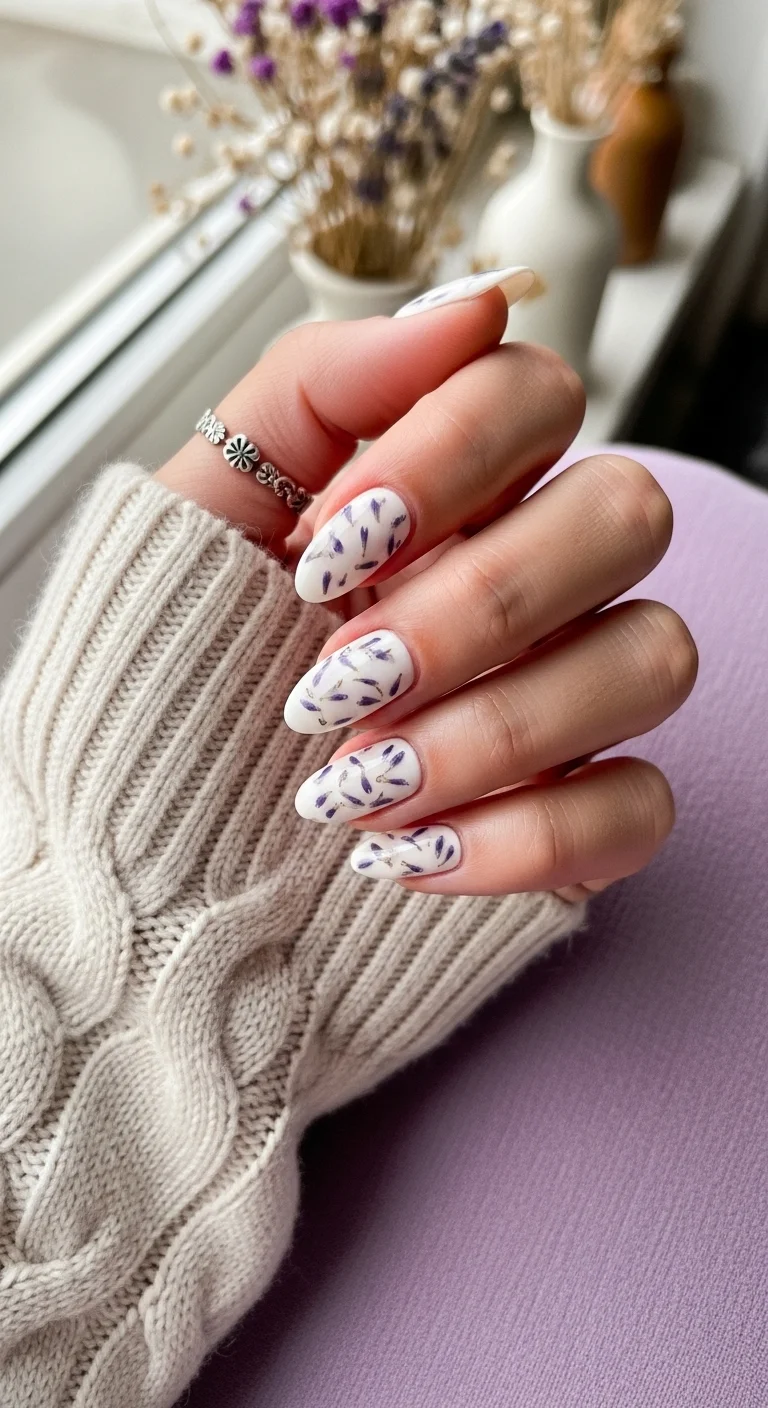 Almond nails with a white base and delicate purple lavender sprig patterns on each nail.
