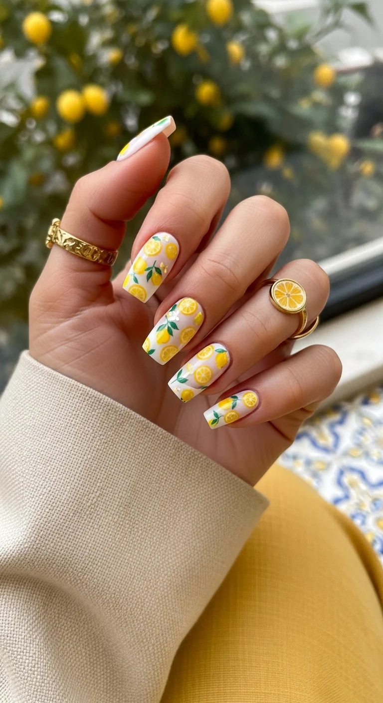 Long coffin nails with a white base featuring detailed lemon illustrations with green leaves.