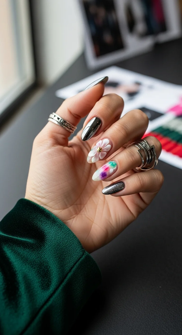 A mixed set featuring dark gunmetal chrome nails, one 3D white flower accent nail, and one watercolor accent nail.
