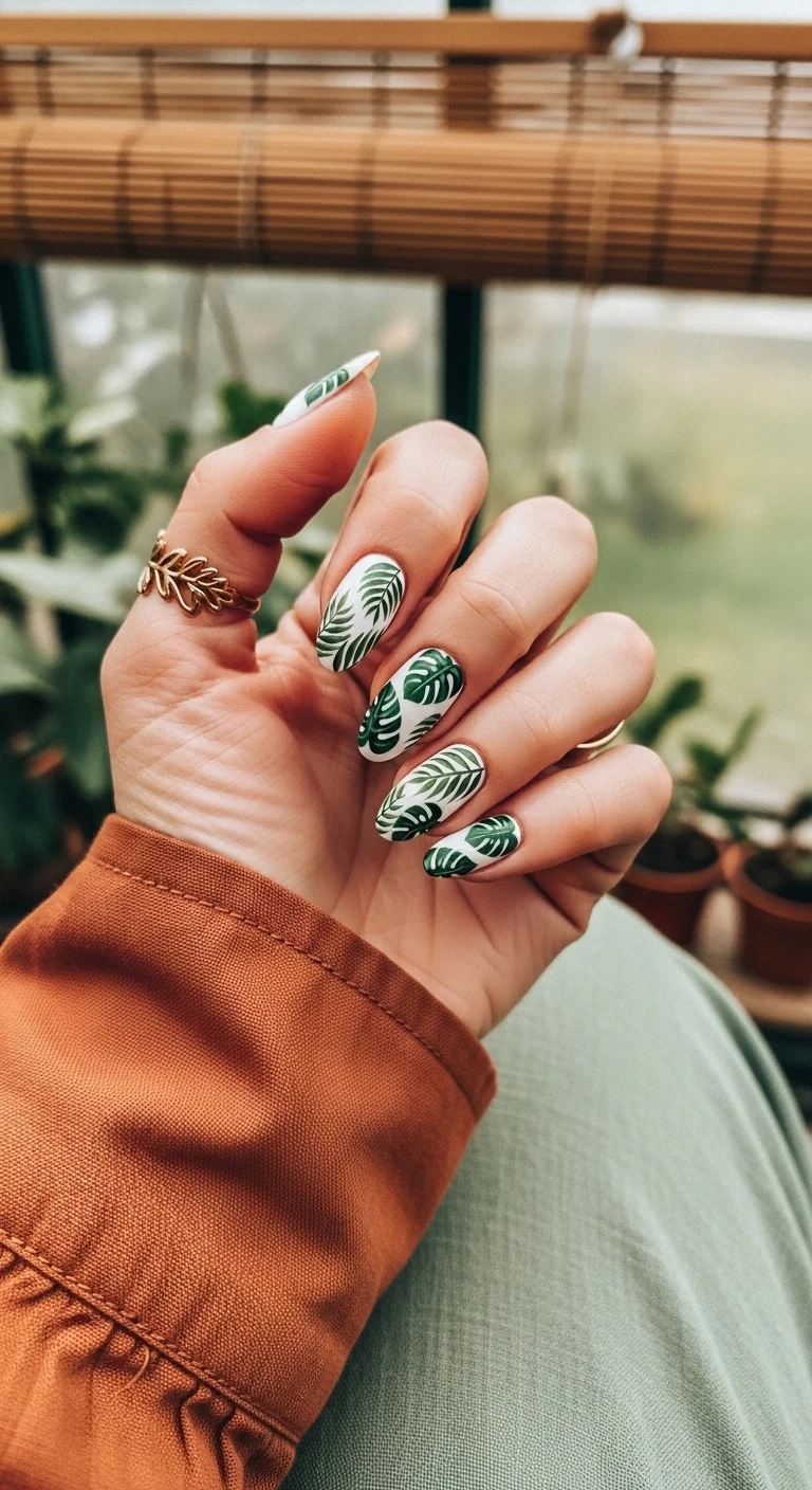 Almond nails with a white base and large green tropical monstera and palm leaf patterns.