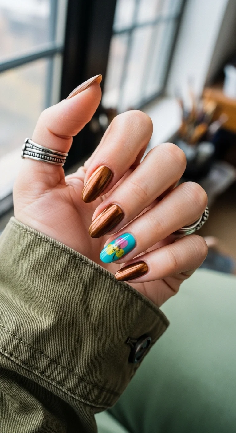 Almond nails with metallic bronze chrome on most nails and one turquoise accent nail with a floral design.