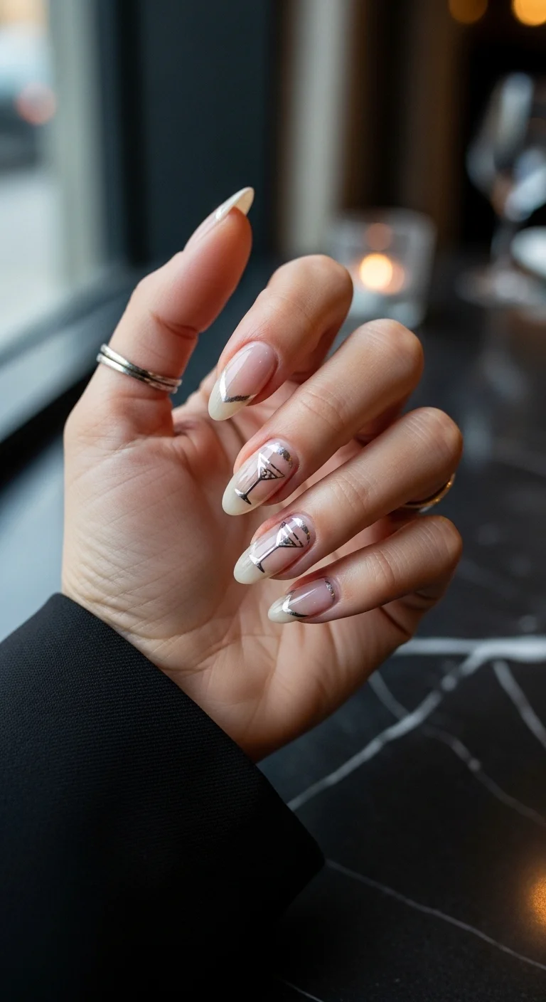 Almond nails with sheer nude base, soft white French tips, gold metallic accent lines, and a martini glass illustration on the ring finger.