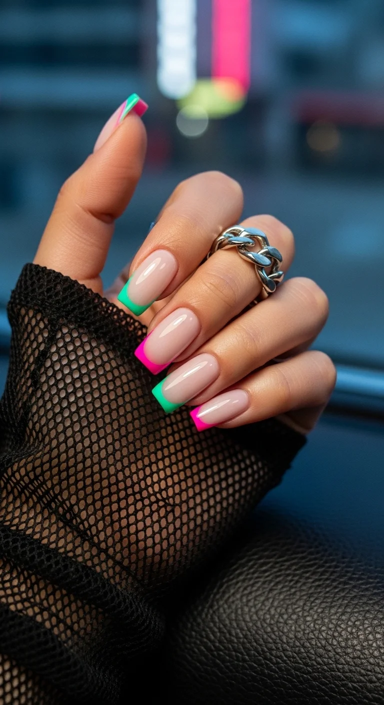 Square nails with nude base and alternating neon pink and neon green French tips.