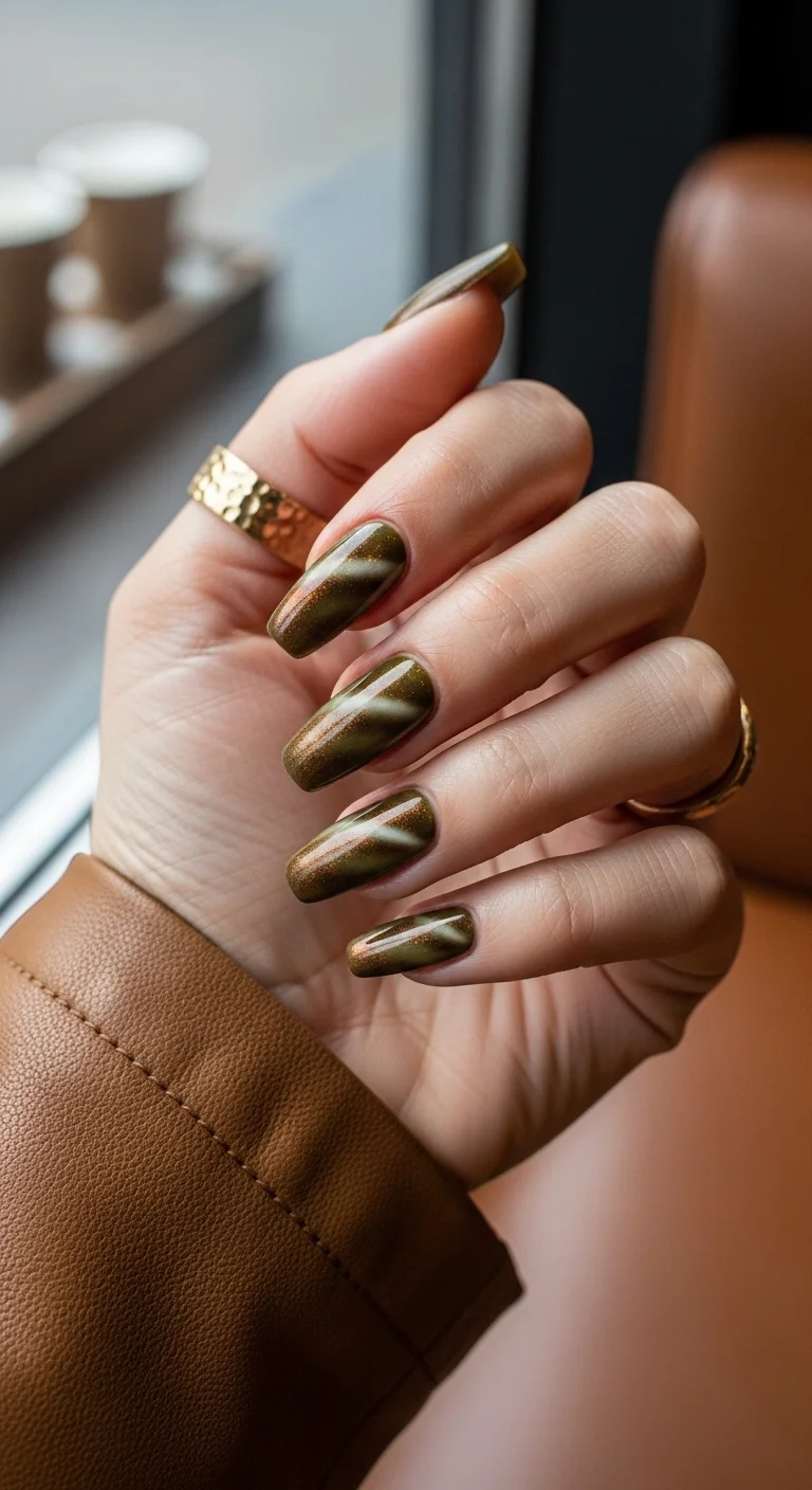 Long coffin nails in a metallic olive green with gold shimmer particles and subtle white swirl accents.