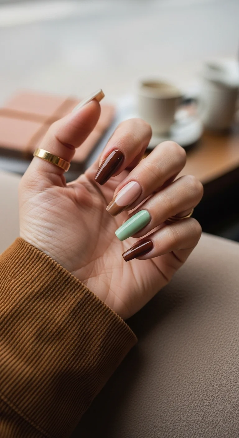 Long coffin nails with alternating solid colors: dark chocolate brown, nude, and sage green.