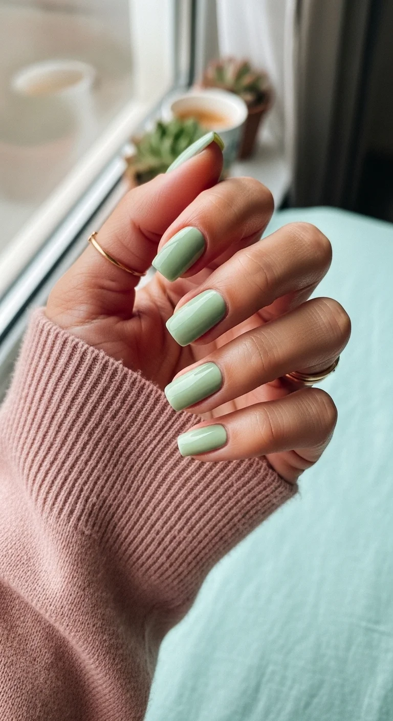 Short squoval nails painted in a solid, creamy sage green with a high-gloss finish.