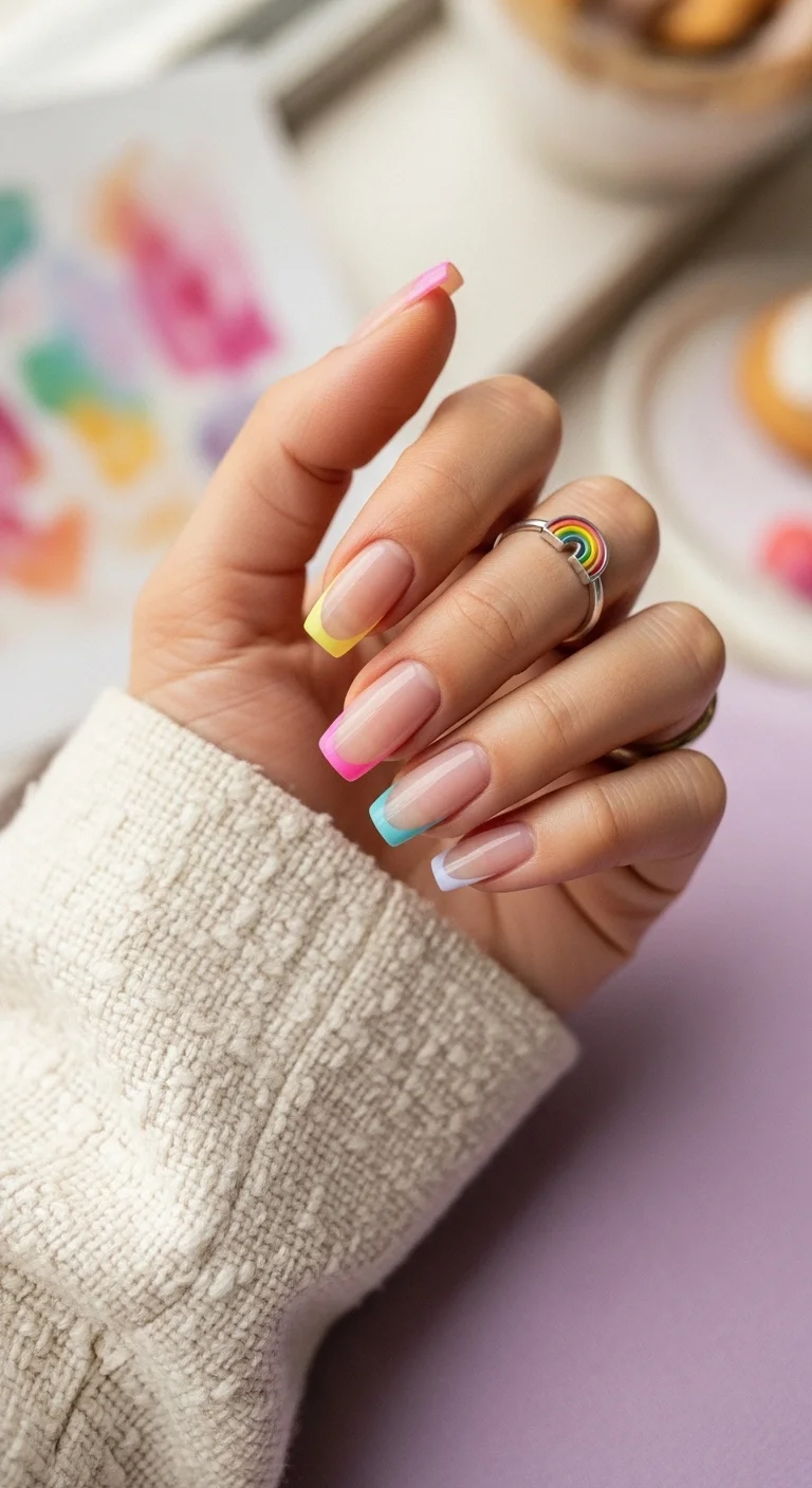Long square nails with sheer nude base and each nail tipped in a different pastel rainbow color.