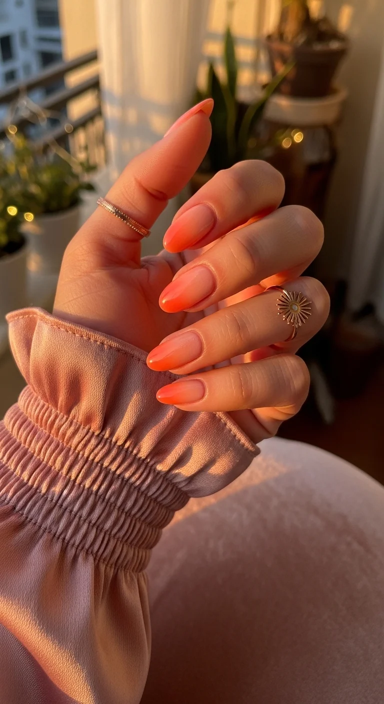 Almond nails with a sheer peach-to-coral gradient that looks like a summer sunset.
