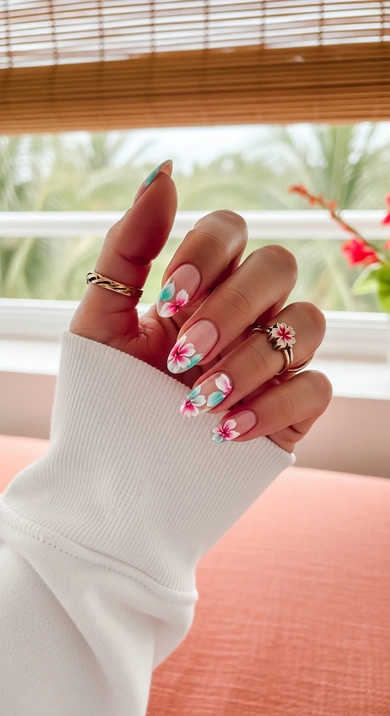 Almond nails with a sheer nude base, soft pink French tips, and hand-painted hibiscus flowers with teal leaves.