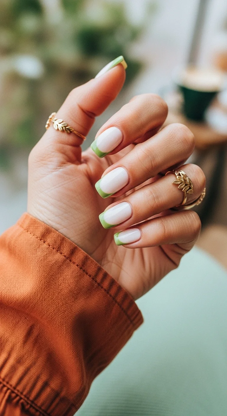 Short squoval nails with a milky white base and muted sage green French tips.