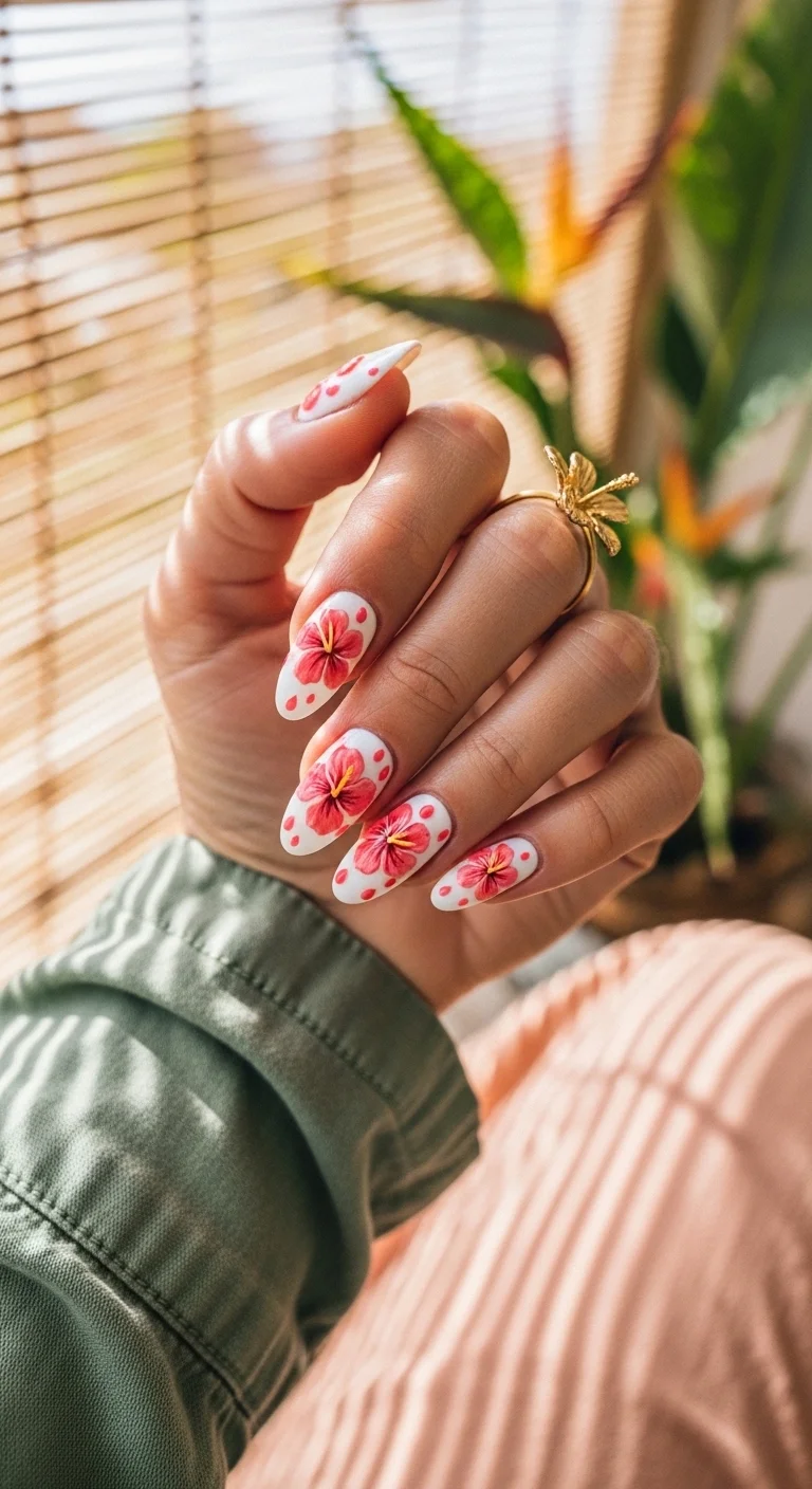 Almond nails with a white base featuring large, bold red-pink hibiscus flowers with yellow centers and red dot accents.