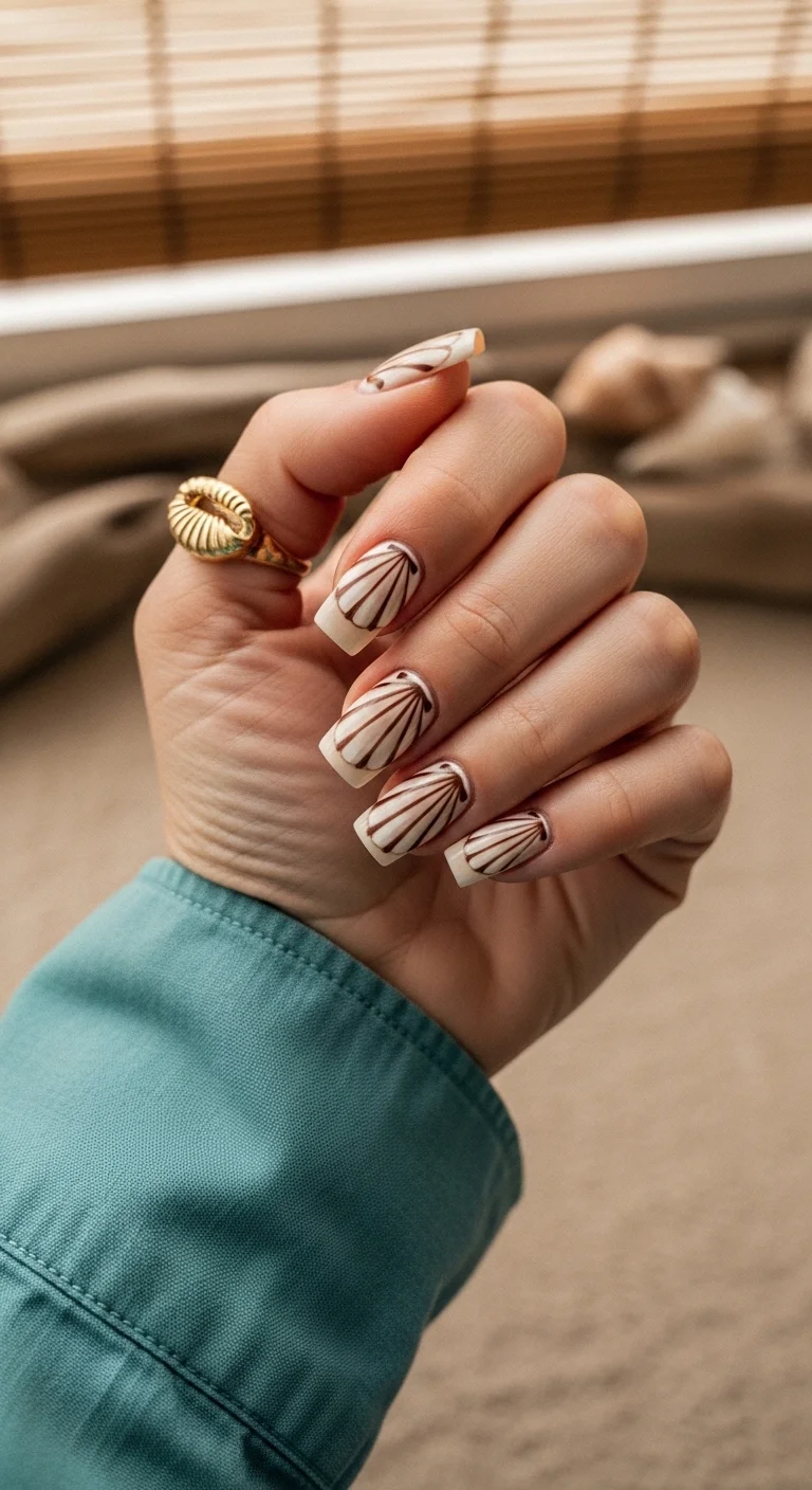 Square coffin nails with a white base and brown radiating lines that resemble seashell patterns.