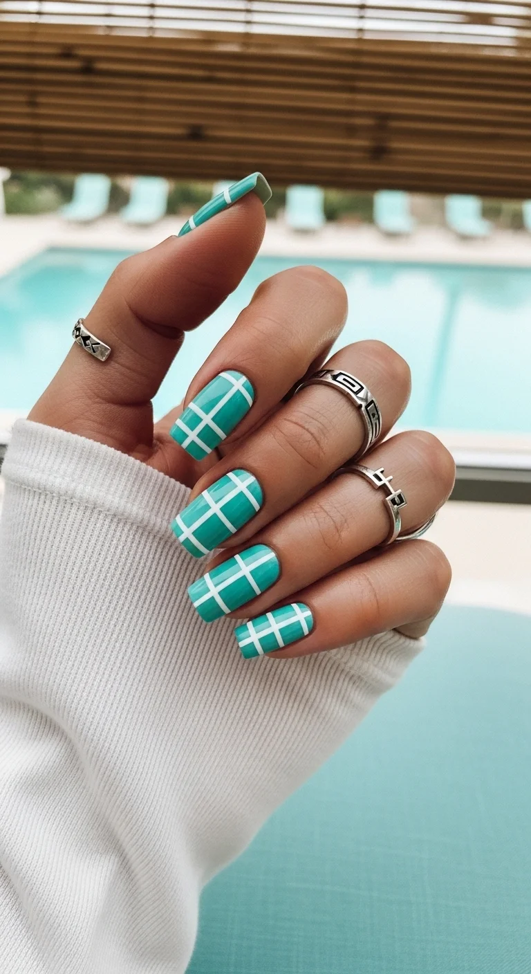 Square nails in a bright teal with a white grid pattern resembling pool tiles.