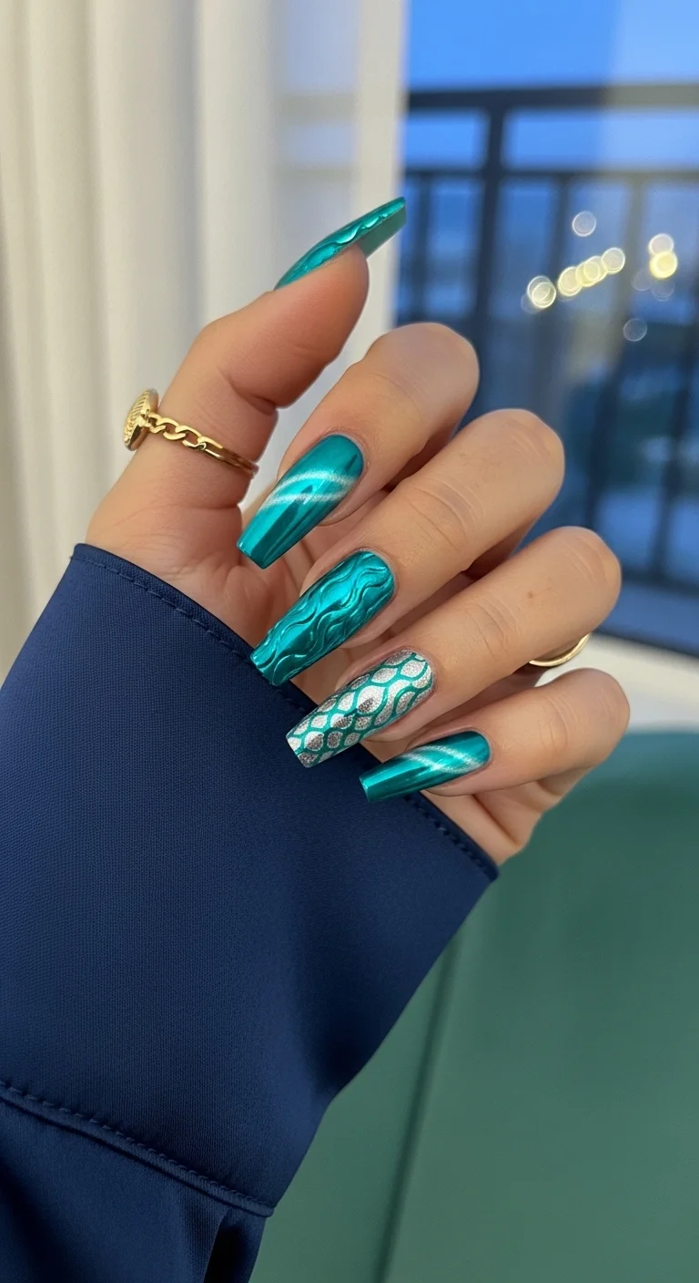 Long coffin nails in metallic teal chrome with one accent nail featuring a wavy textured pattern and one nail with a silver scale design.